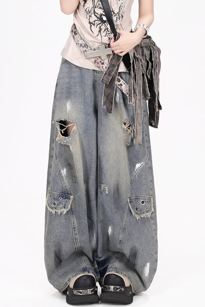 Vintage-Waschung Damage-Jeans mit weitem Bein