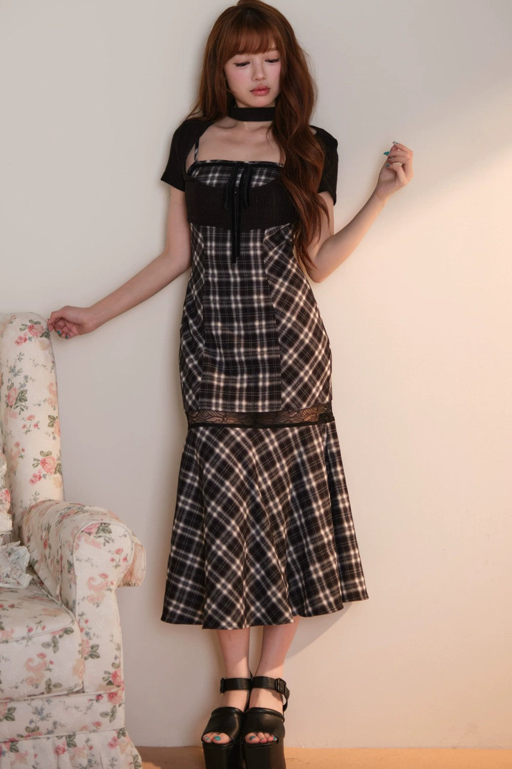 [Vorbestellung] Klassisches kariertes langes Kleid + Cardigan