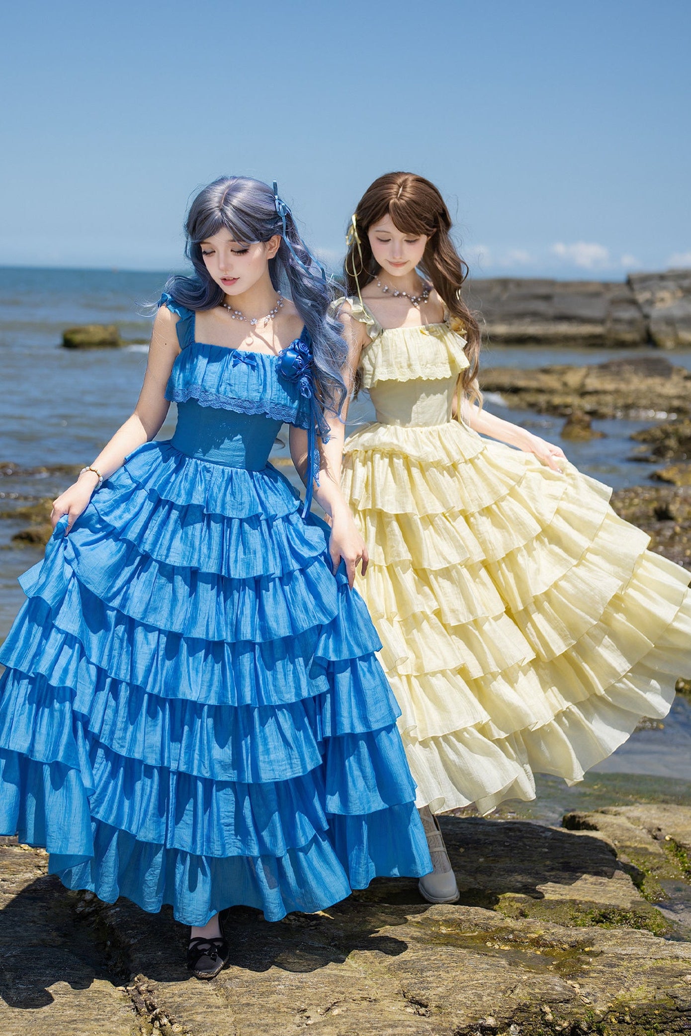 Seven-Layer Ruffle Square Neck Dress, Hair Accessory and Jacket Set-Up