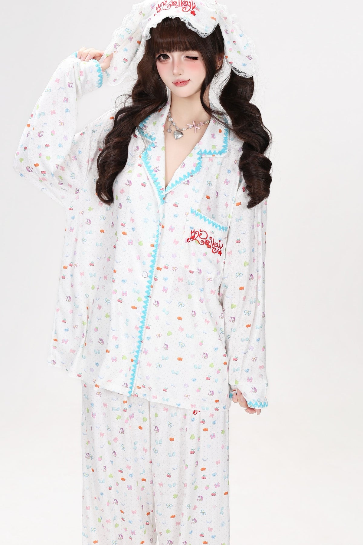 Colorful Bunny Print Long-Sleeved Pajama Top Set