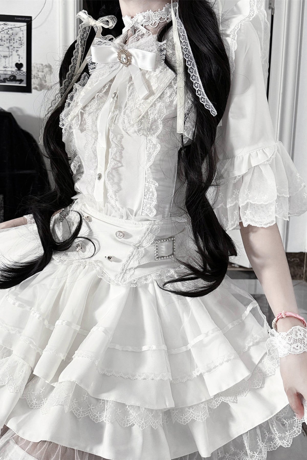 Cherry Short-Sleeved Lace Collar Shirt and Skirt Set-Up