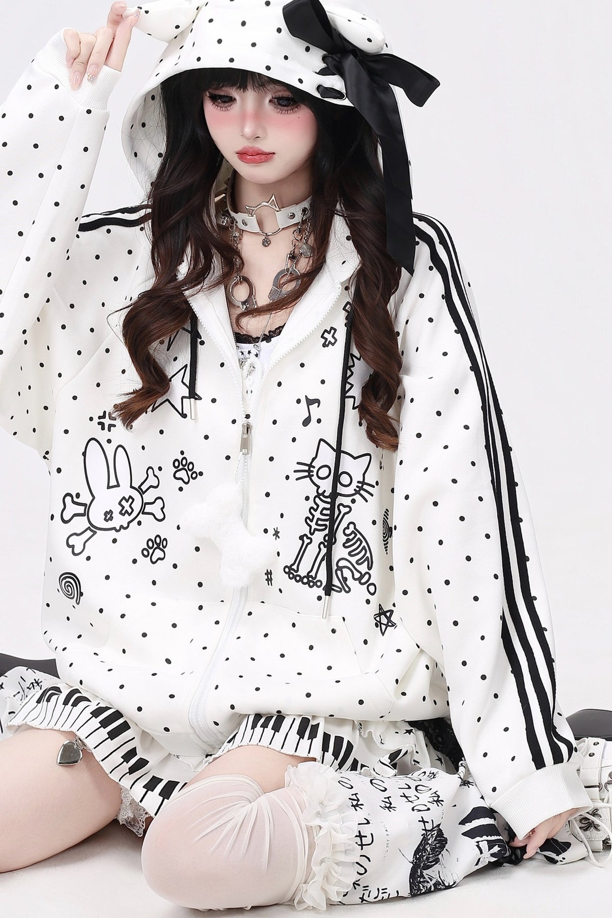 Skull Cat Ear Polka Dot Hooded Jacket