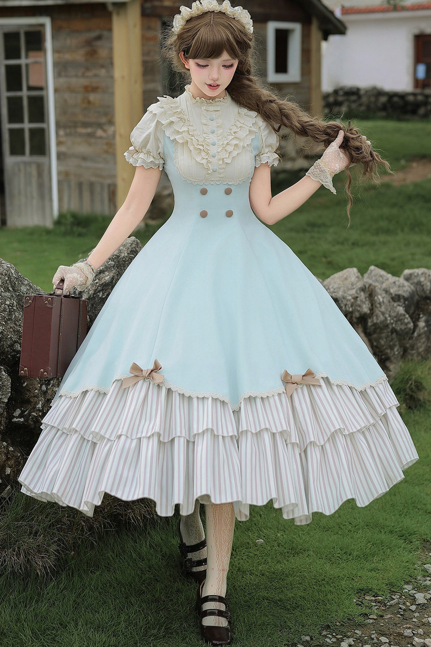Lace Stand Collar Petal Hem Ruffle Dress
