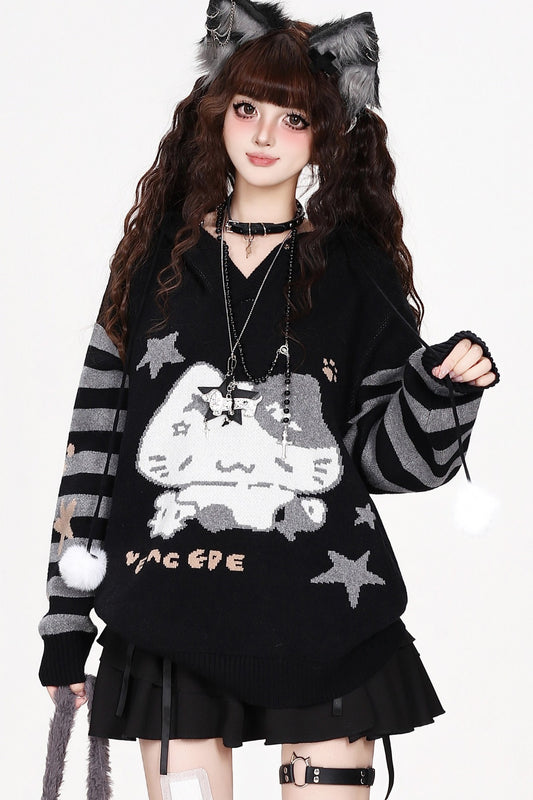 Cat Eating Fish Jacquard Hooded Sweater
