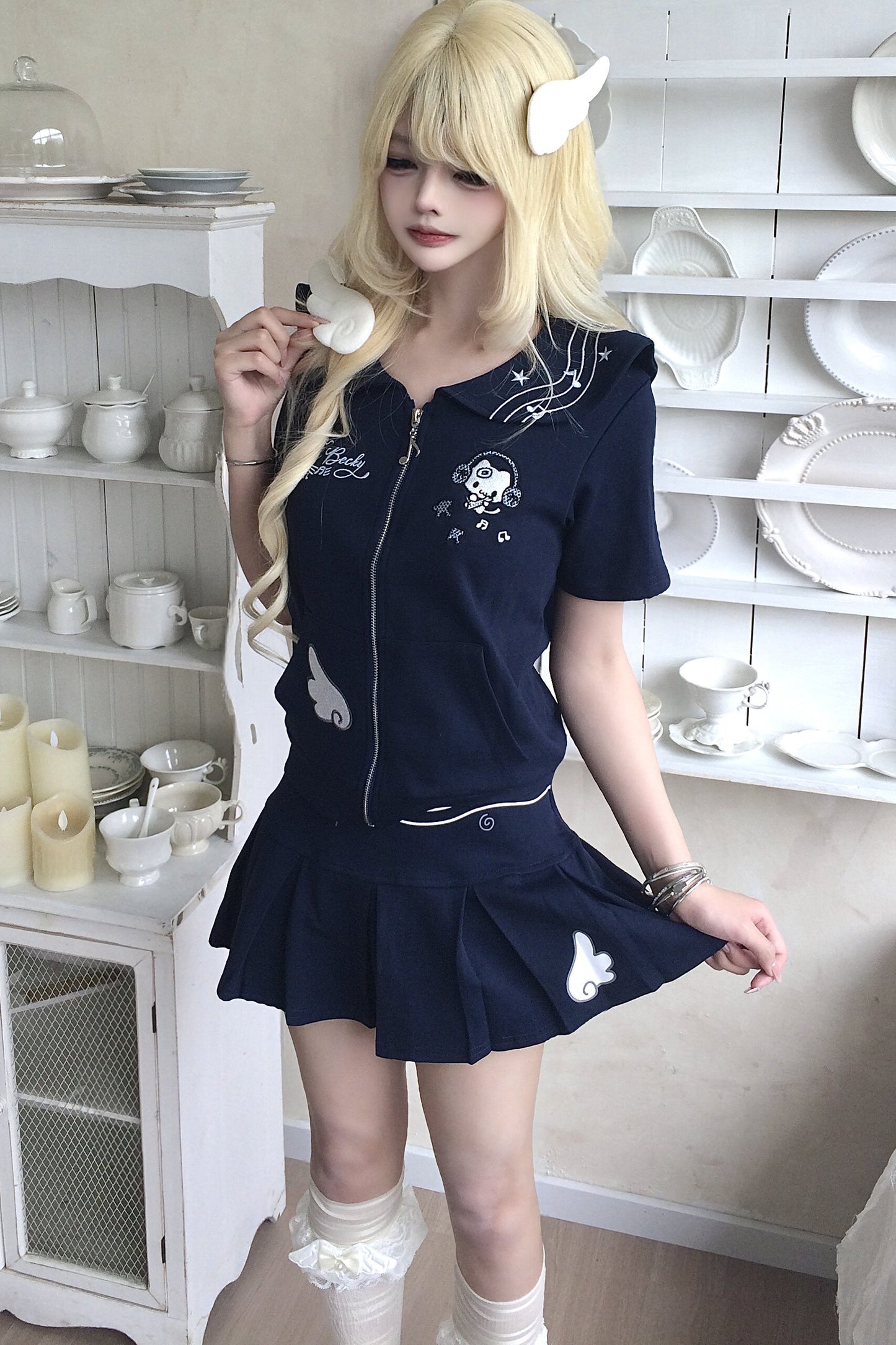 Collar Zipper Cardigan and Pleated Skirt Set-Up