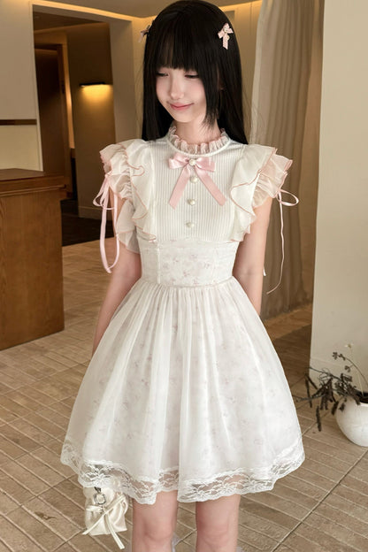 Three-Layer Waist Pearl Button Pink Bow Dress