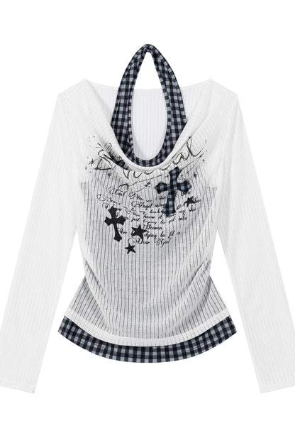 Plaid Letter Halter Long-Sleeve Cover-Up