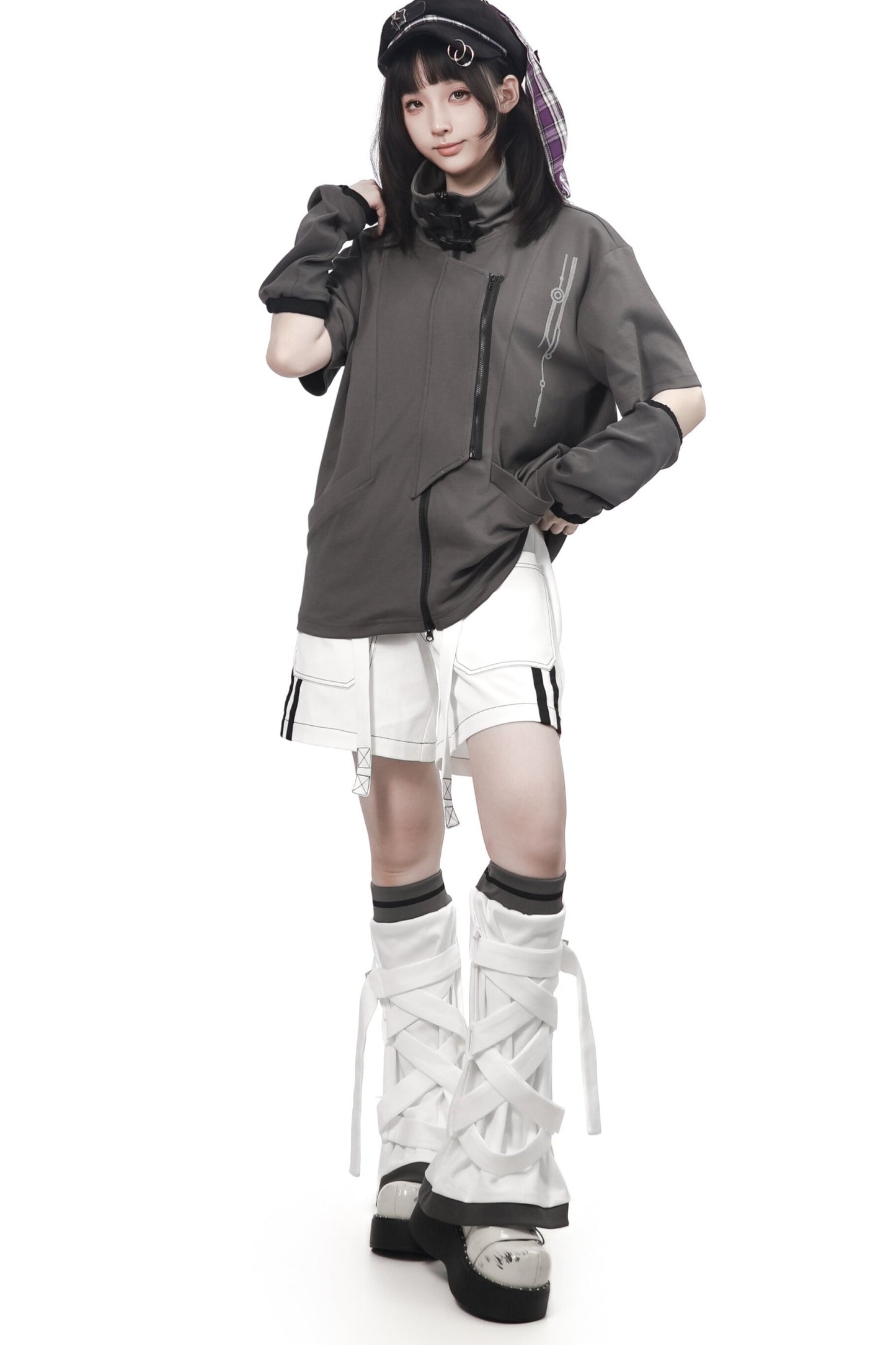 Gray Functional Stand Collar Zipper Short-Sleeve Set-Up