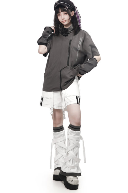 Gray Functional Stand Collar Zipper Short-Sleeve Set-Up