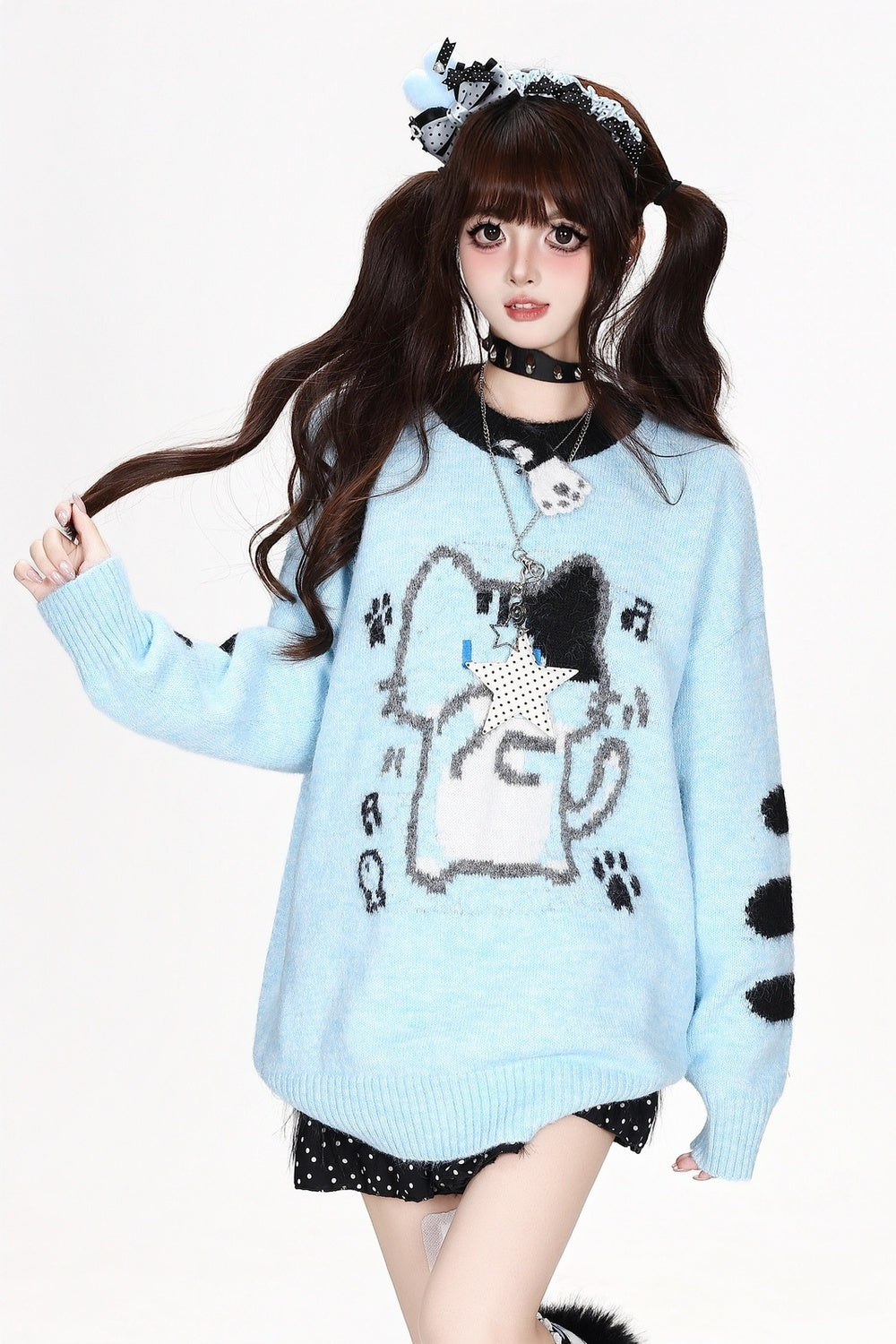 Cat Round-Neck Loose Knit Sweater