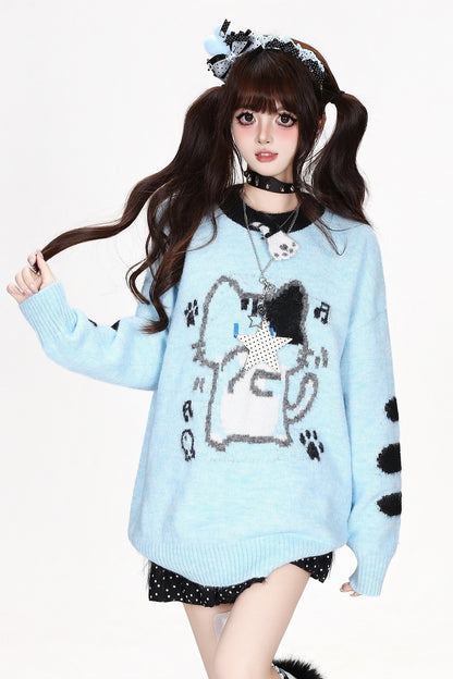 Cat Round-Neck Loose Knit Sweater