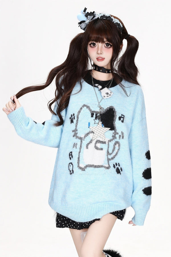 Cat Round-Neck Loose Knit Sweater