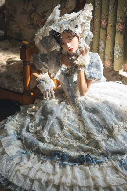 【9月10日予約締切】Pink/Blue Rococo Fantasy Puff Sleeve Ribbon Tiered Princess Lolita Dress Bridal＋Full set[Op Dress + Feather Hat + Choker + Back Ribbon Train + Lace Gloves]
