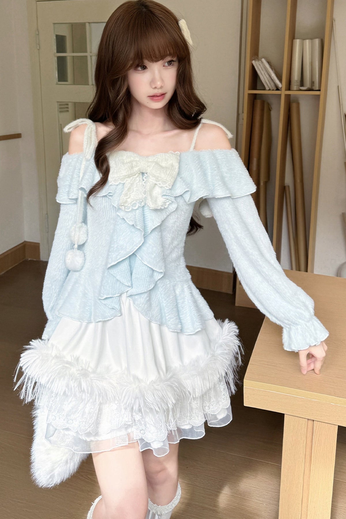 Off-Shoulder Ruffle Knit Top Set