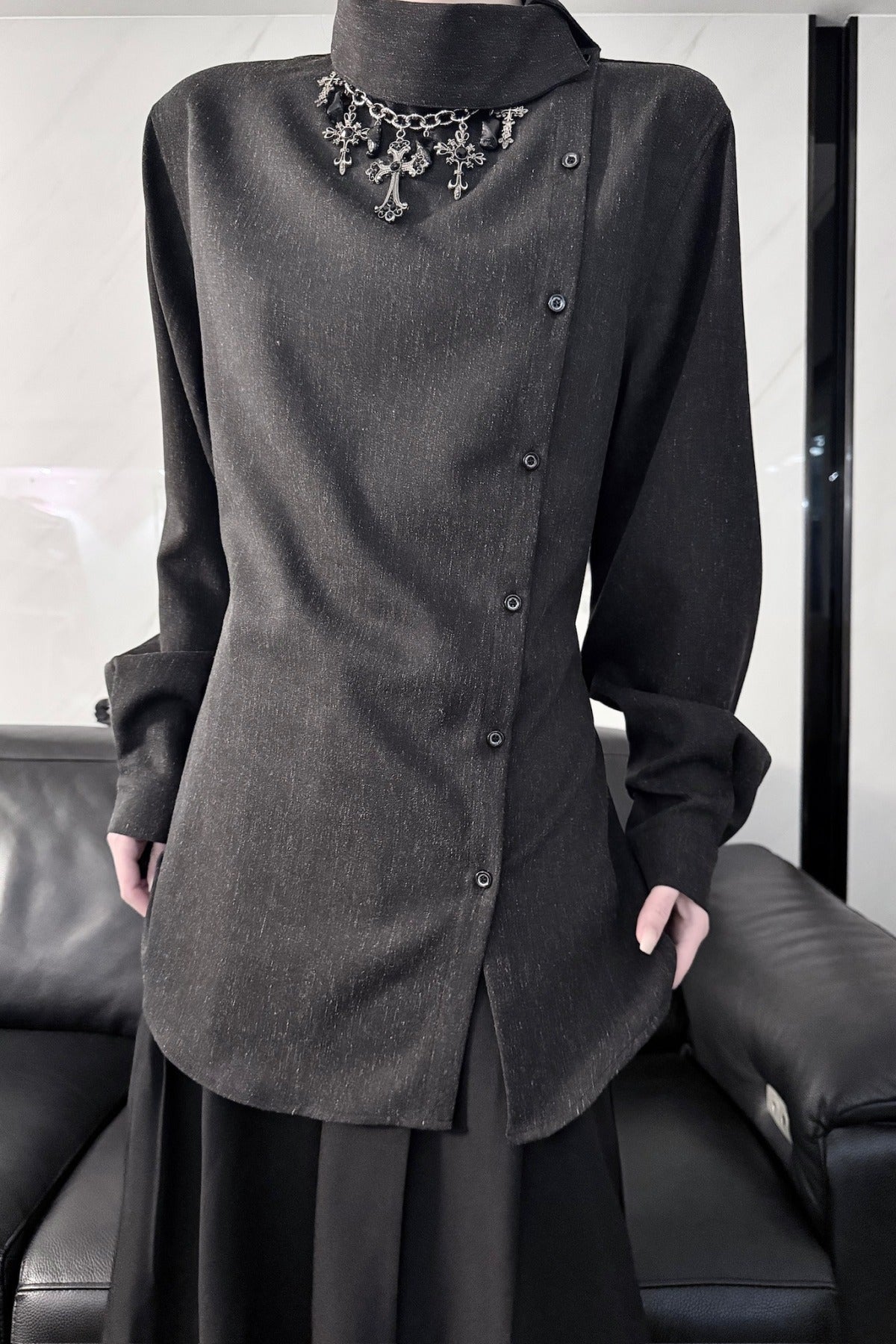 Deconstructed Asymmetrical Placket Tie-Waist Shirt