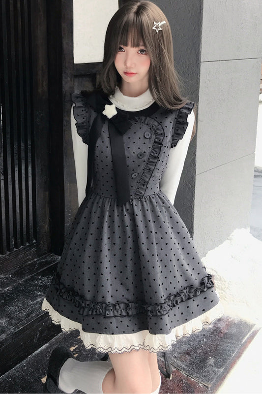 Retro Polka Dot Heart Flutter Sleeve Lace Hem Dress