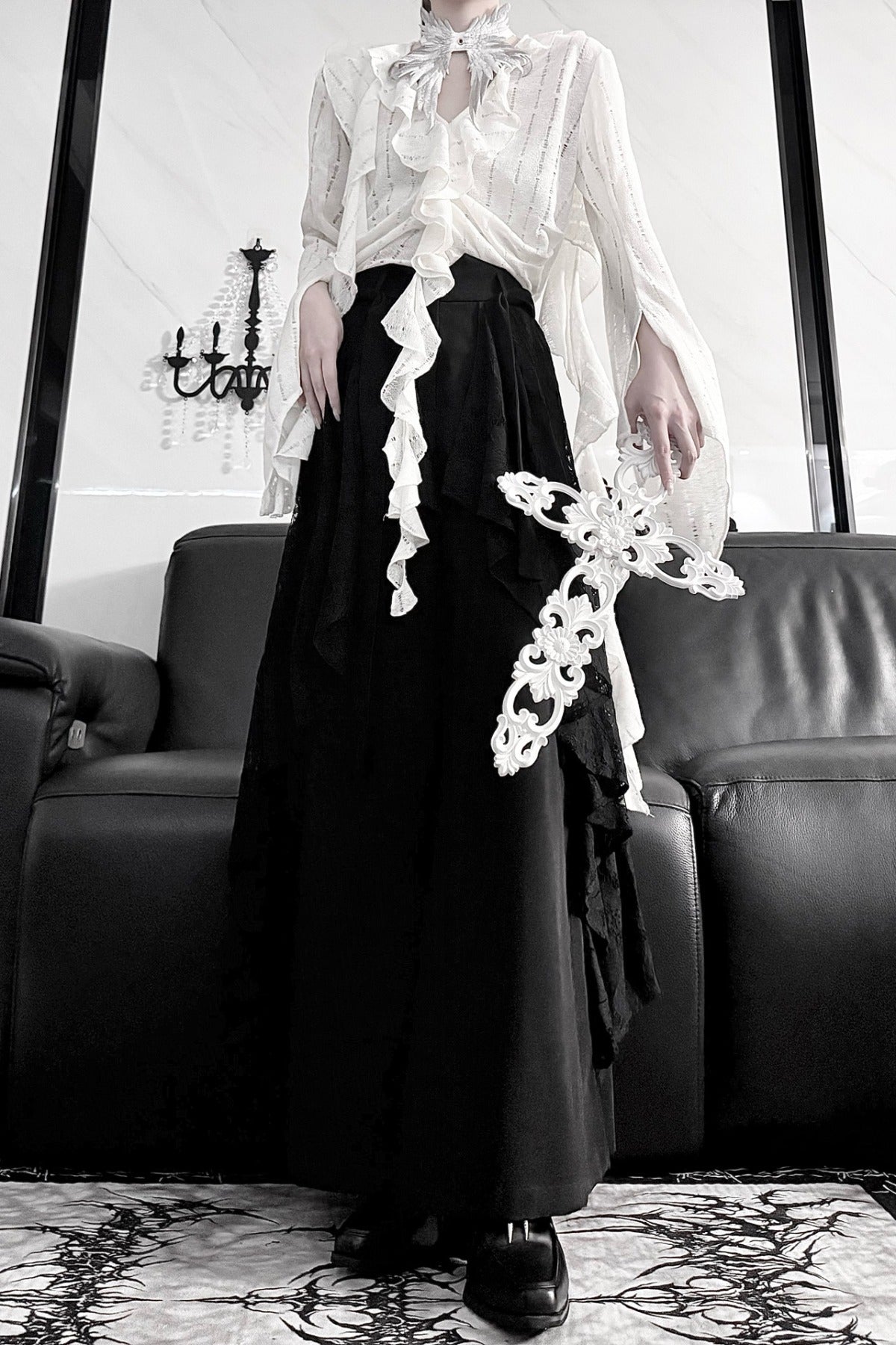 High-Waisted Lace Wide-Leg Skirt Set
