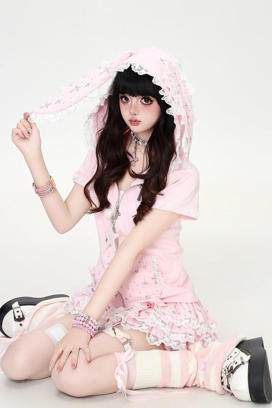 Sweet Bunny Ear Lace Hooded Hoodie