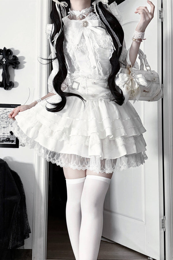 Cherry Short-Sleeved Lace Collar Shirt and Skirt Set-Up