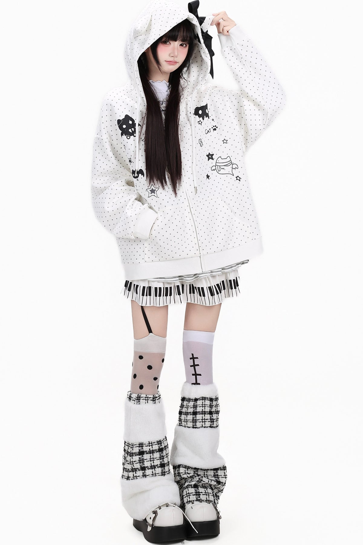 3D-Katzenohren-Kapuzenjacke mit Polka-Dots