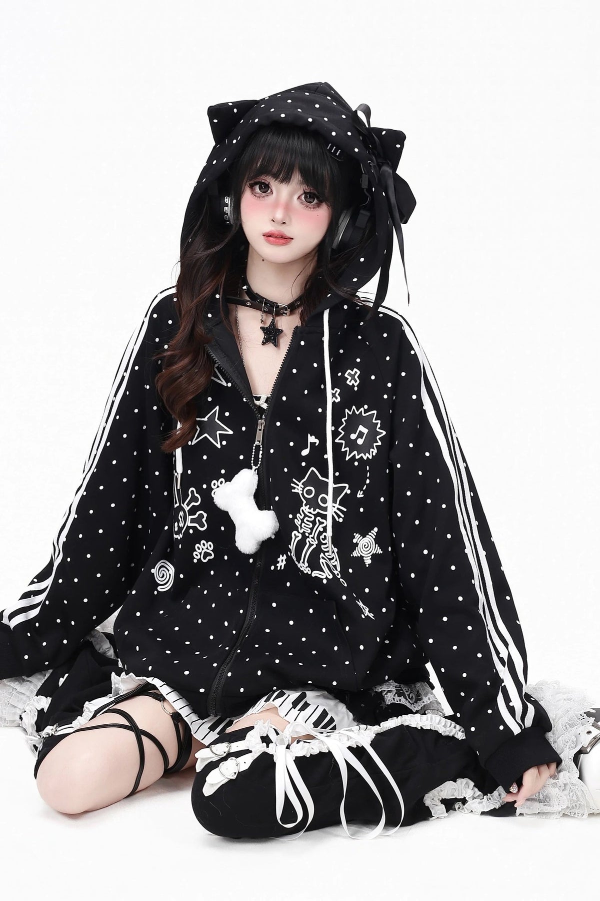 Skull Cat Ear Polka Dot Hooded Jacket