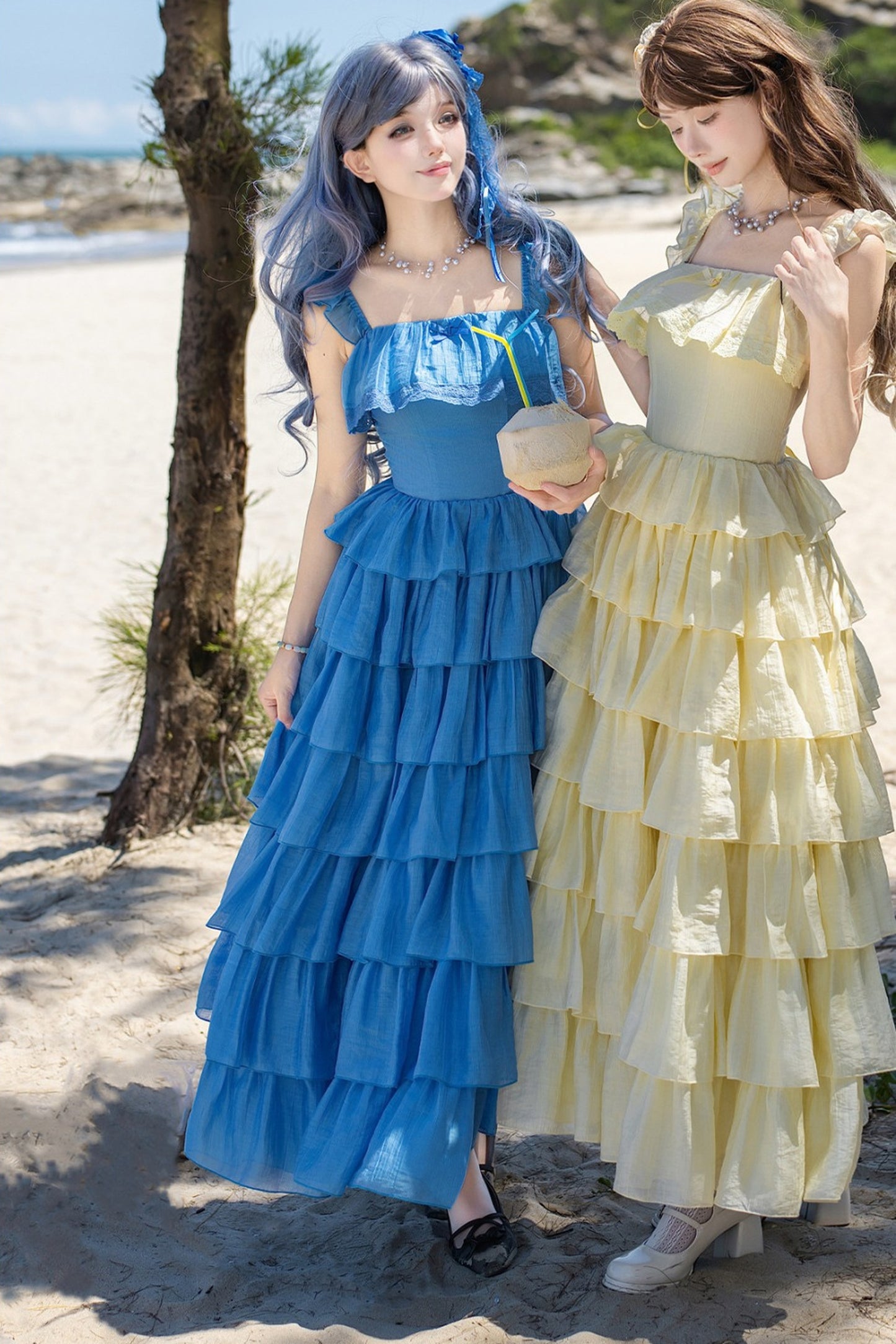 Seven-Layer Ruffle Square Neck Dress, Hair Accessory and Jacket Set-Up