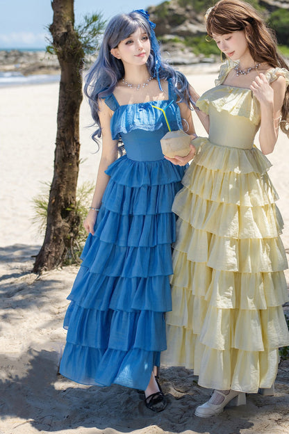 Seven-Layer Ruffle Square Neck Dress, Hair Accessory and Jacket Set-Up