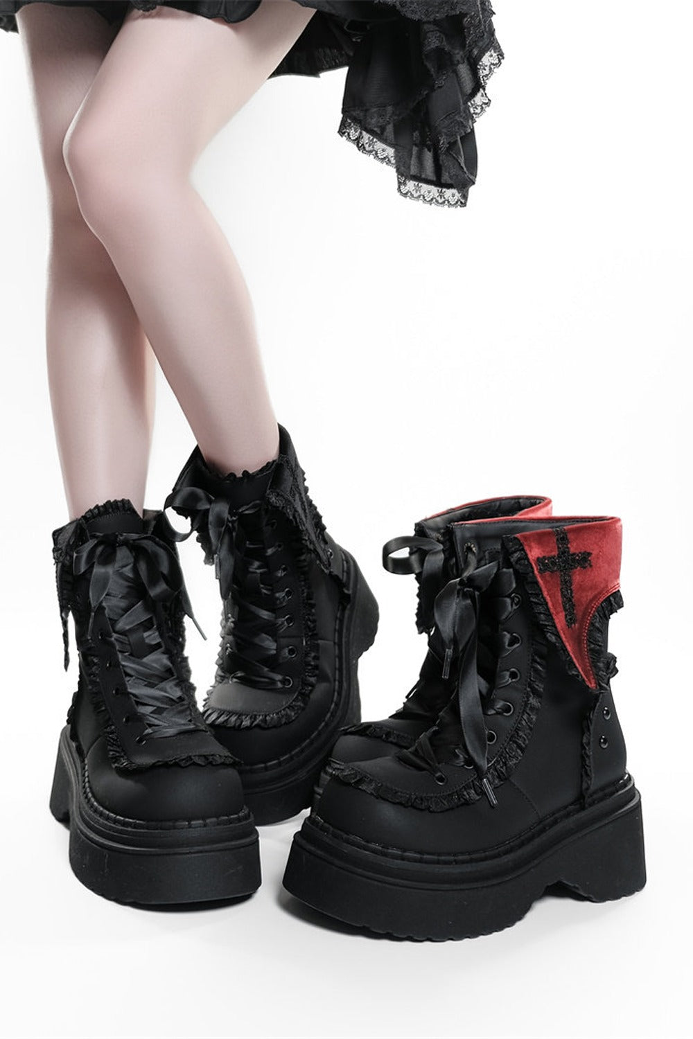 Gothic Cross Flip-Top Round-Toe Platform Boots