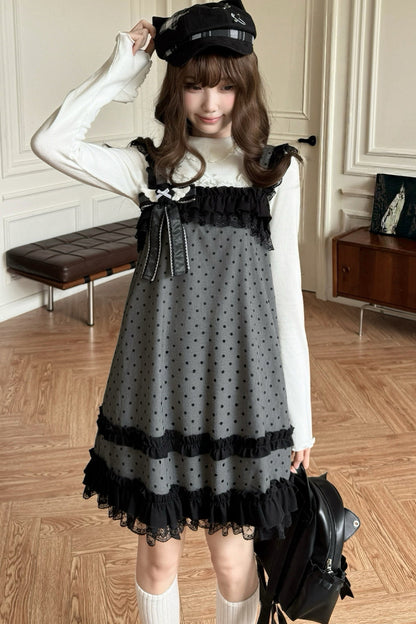 Schwarz-graues Polka-Dot-Trägerkleid-Set
