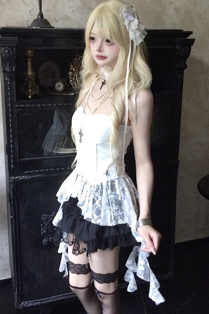 White Lace Spliced Irregular Strap Dress