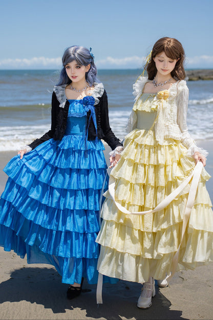 Seven-Layer Ruffle Square Neck Dress, Hair Accessory and Jacket Set-Up