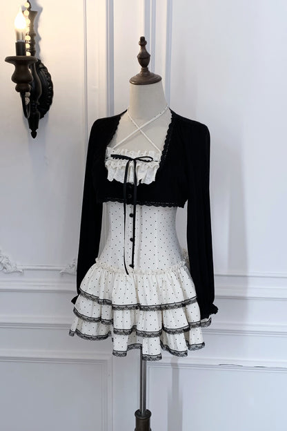 Polka Dot Knit Cardigan and Suspender Skirt Set