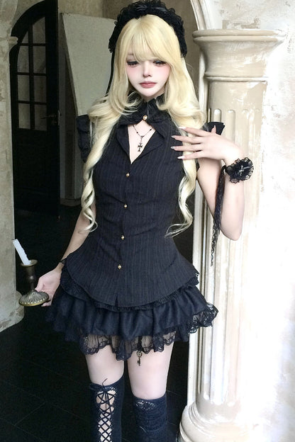 Schwarzes Gothic-Kurzarmhemd mit gestuftem Stufenrock-Set
