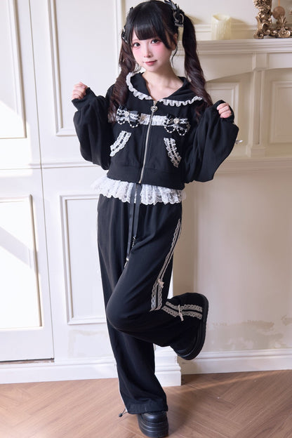 Giacca con cappuccio in pizzo stile subculture jirai + gonna + pantaloni