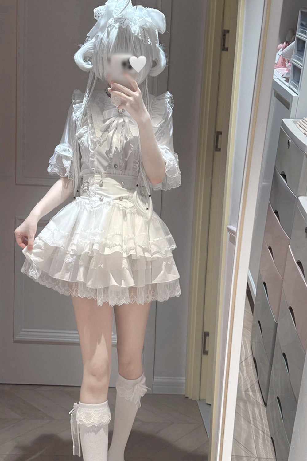 Cherry Short-Sleeved Lace Collar Shirt and Skirt Set-Up