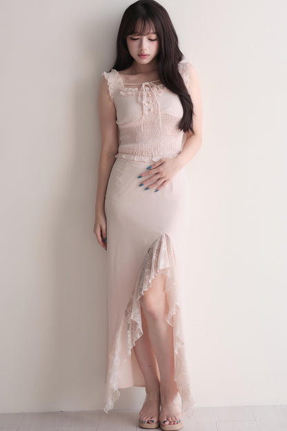 Elegant Ruffle Top & Lace Slit Skirt Set