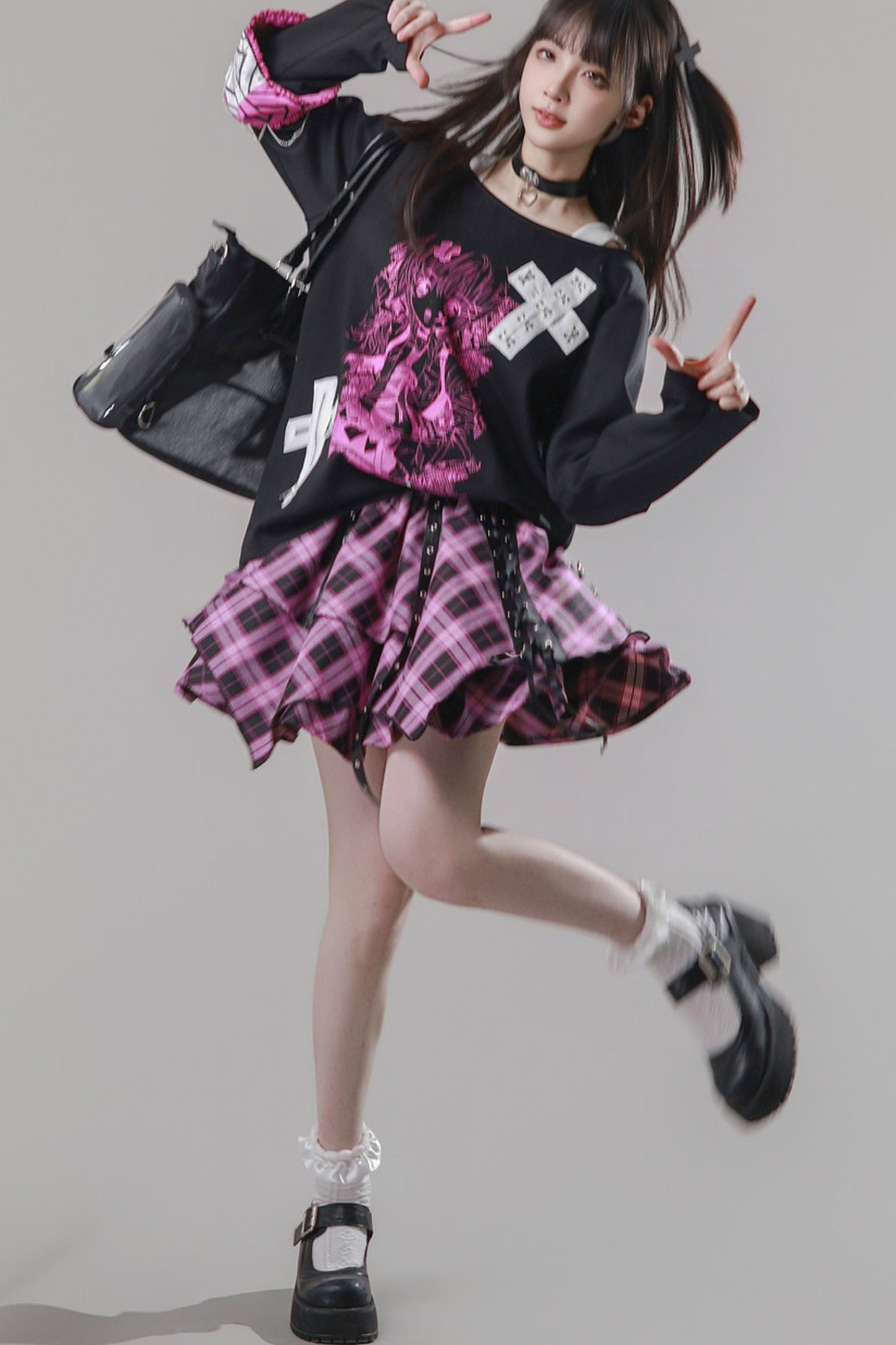 Pink Plaid Chain Tiered Skirt
