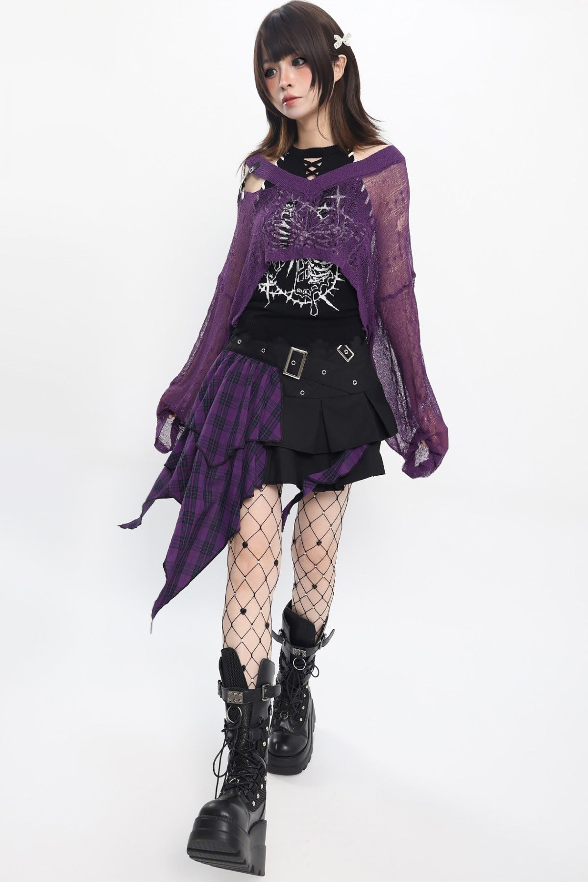Ripped Long Sleeve Blouse With Short Skirt and Jacket Set-Up