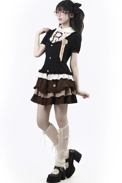 Rose Brown Lace Knit Top + Skirt