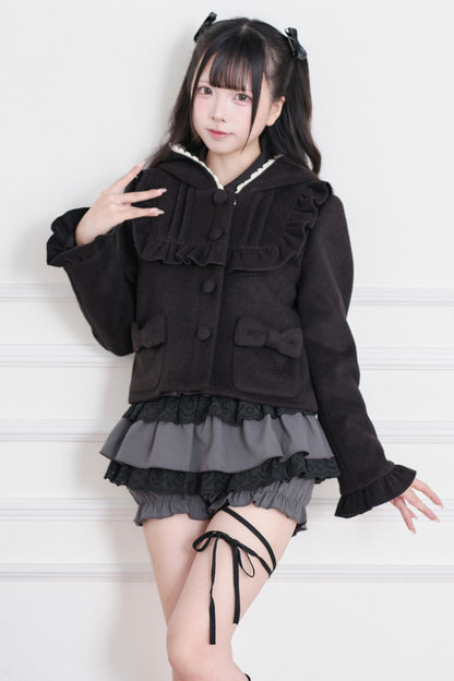 Ruffle Hooded Wool Jacket