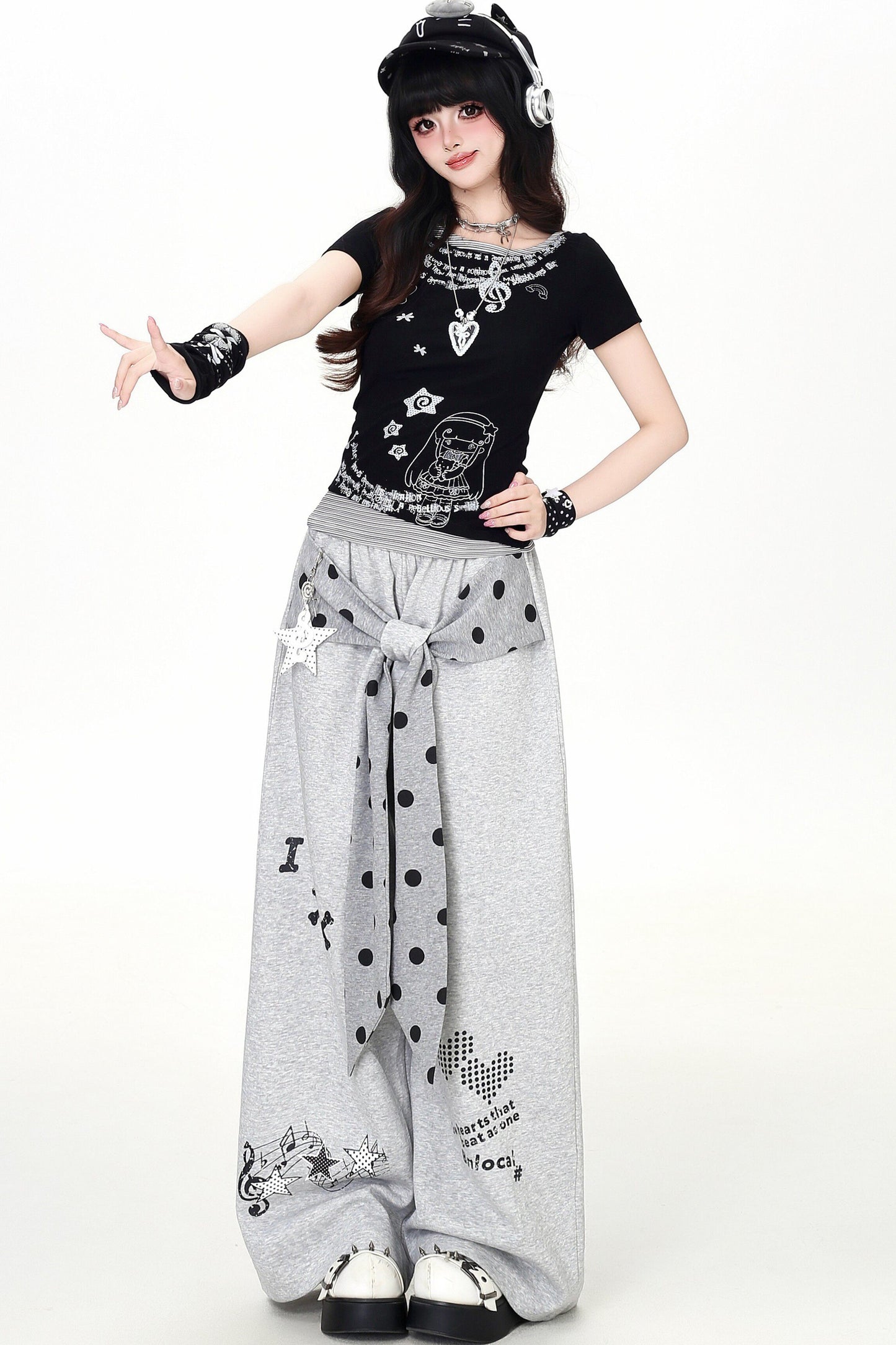 Subculture Music Note Print Wide-Leg Pants