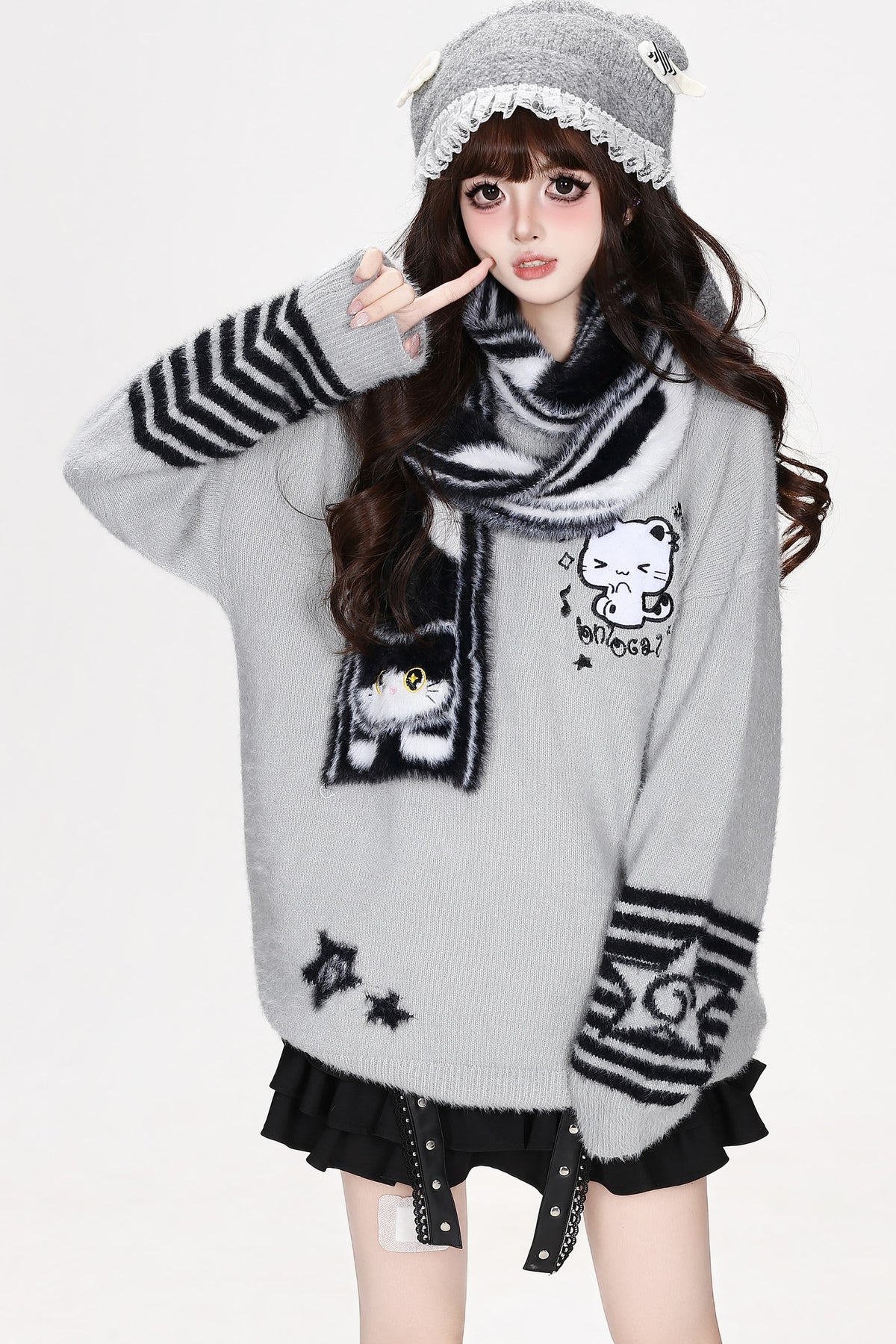 Cat Striped Knit Pullover Sweater