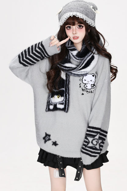 Cat Striped Knit Pullover Sweater