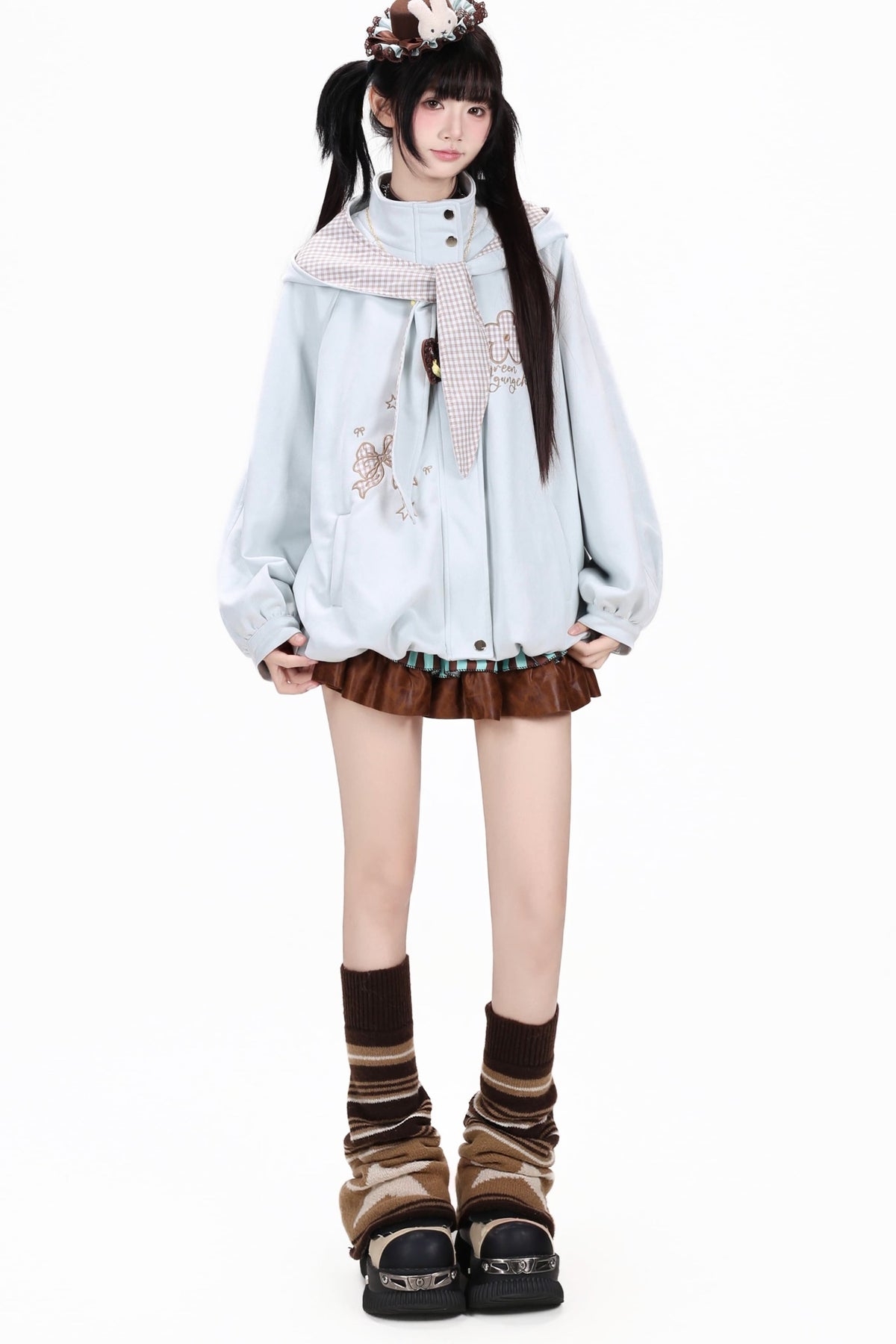 Plaid Bow Embroidered Hooded Suede Jacket