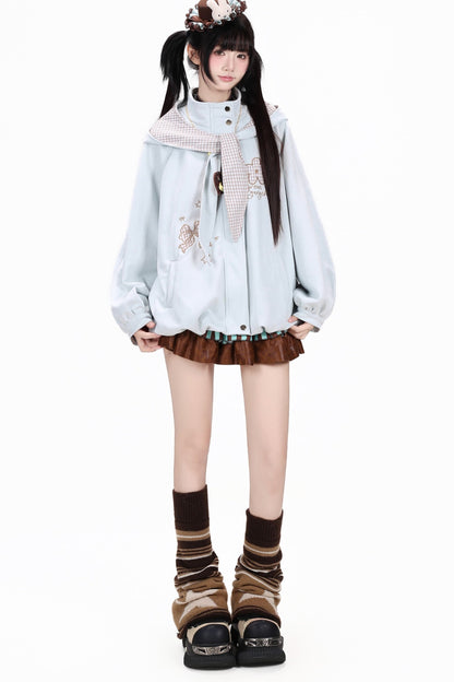 Plaid Bow Embroidered Hooded Suede Jacket