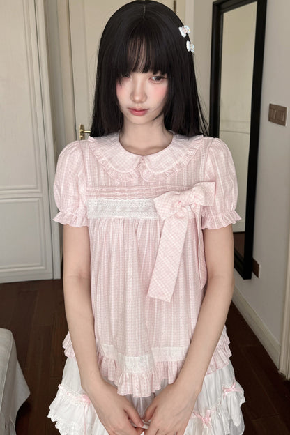 Loose Peach Textured Plaid Doll Shirt And Lace Dress Set-Up