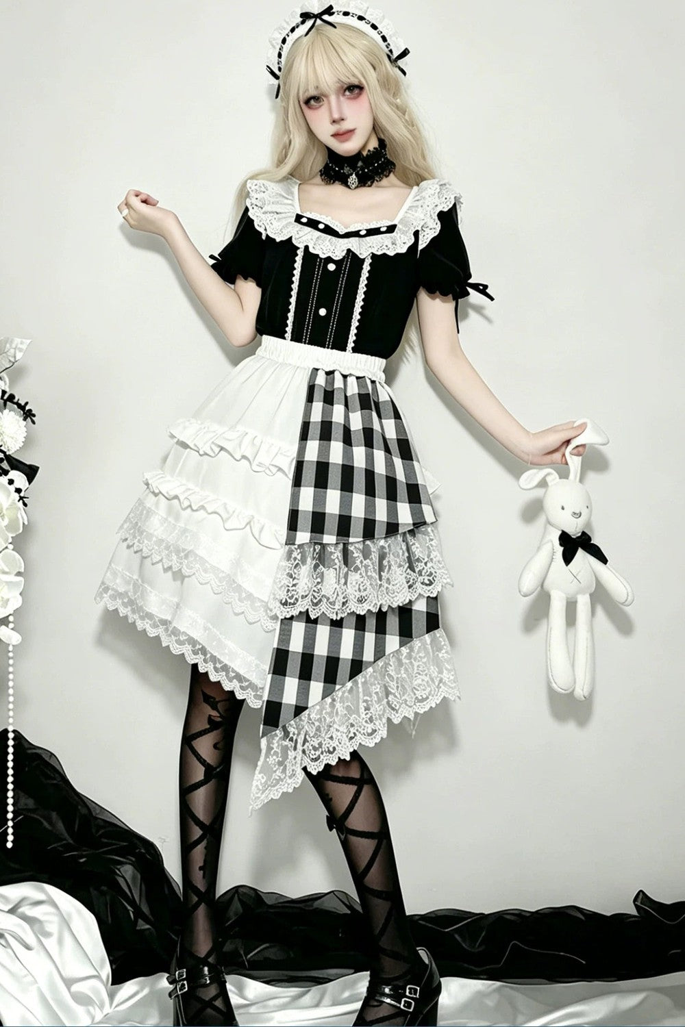 Lace Trim Plaid Skirt + Top + Hair Accessories