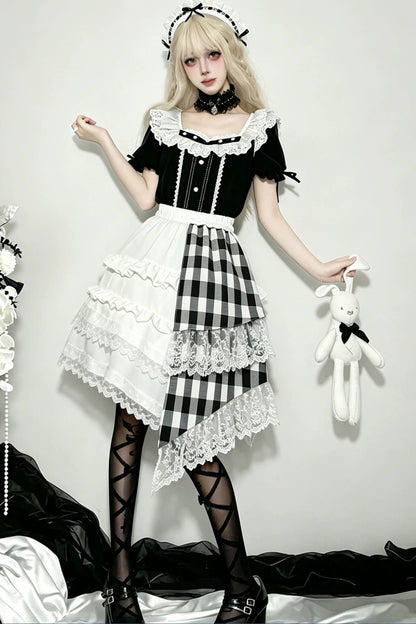 Lace Trim Plaid Skirt + Top + Hair Accessories