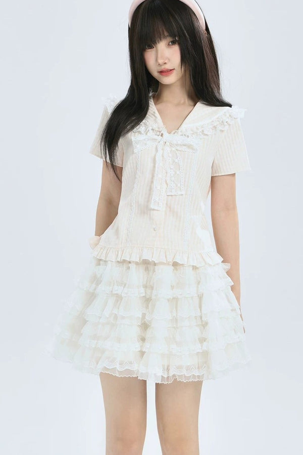 Pink Plaid Lace Trim Tie Top and Skirt Set-Up