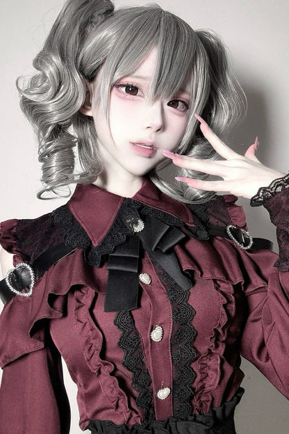[Pre-order] Cold Shoulder Heart Buckle Long Sleeve Ruffle Lace Blouse with Bow Tie + Lace-Trim Pleated Mini Skirt Set